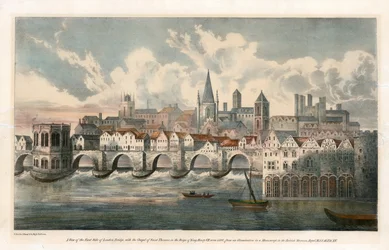View of east side of Old London Bridge from BM Royal MSS