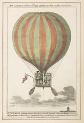 Vincent Lunardi airborne after his ascent from Moorfields, September 1784 (coloured engraving)