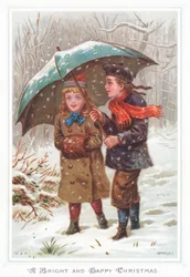 Walking under umbrella in snow storm