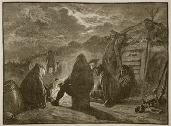 Washington by the camp fire at Valley Forge, illustration from Cassell