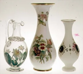 Water jug, decorated with water-lilies in ceramic paint cased with crystal, by Henry G. Richardson, mid 19th century; two opal glass vases by Henry G. Richardson, late 19th century; opal glass vase with enamel painting, late 19th century