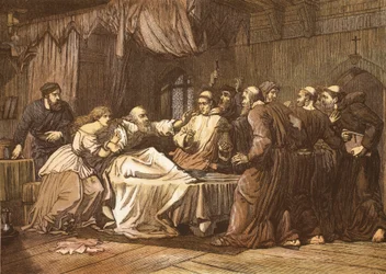 Wicliffe on His Death Bed Assailed by Friars, Engraved by T. Bolton