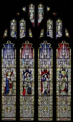 Window Ew depicting the east window: glass here originally came from the church at Stretton Sugwas