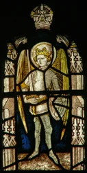 Window depicting an angel from the angelic Hierarchy with a Trinity shield