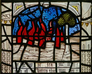 Window N3 depicting the Last Fifteen Days of the World (the Pryke of Conscience window): the sea catches fire