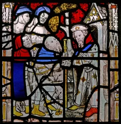 Window N4 depicting the Works of Mercy: giving shelter to the homeless