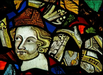 Window depicting a head of a bishop