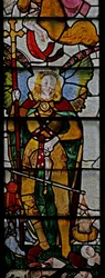Window Ww depicting a scene from the Last Judgement: St Michael and other details