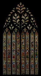 Window Ww depicting archbishops, Apostles, the Annunciation, Nativity, Resurrection, Ascension, Coronation of the Virgin