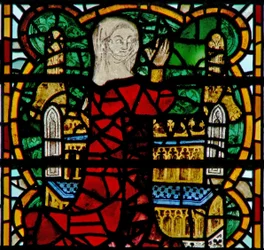 Window depicting a pilgrim at shrine