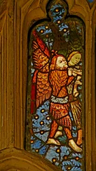 Window depicting musician angels with pibcorns