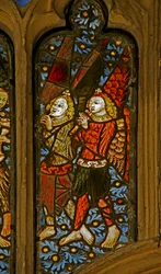 Window depicting musician angels with pipes