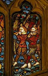 Window depicting musician angels with pipes
