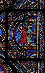 Window 7 depicting a scene from the life of St Thomas Becket: an armed knight and a monk