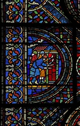 Window n7 depicting a scene from the life of St Thomas Becket: knights at the door of Canterbury