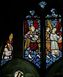 Window depicting an angel censing; musician angels with pipe and tabor