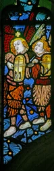 Window depicting musician angels with a crwth (Welsh fiddle)