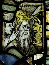 Window S3 depicting a pope receiving counsel from a woman egged-on by a demon