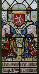 Elizabeth Talbot, Duchess of Norfolk and Elizabeth Tilney, Countess of Surrey with the Coat of Arms of the Mowbray Family Above