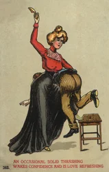 Woman beating her husband with a shoe