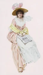 Woman in Victorian or Edwardian dress reading a newspaper