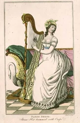 Woman in a Paris Dress and a Straw Hat Trimmed with Crepe Playing the Harp, illustration from the 