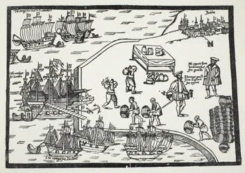 Woodcut illustrating the wine trade between Bordeaux and England