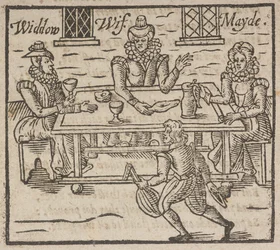 Woodcut showing women sitting around a table, A widow, wife and maid