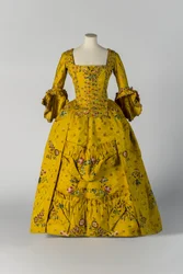 Yellow brocaded open robe and petticoat, c.1750