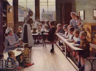 Young children at mealtime in a day nursery