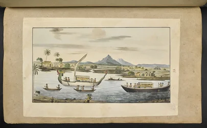 River scene in Java with boats, including a dragon-headed boat