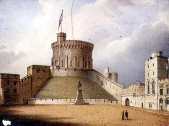 Worcester plaque depicting the Round Tower, Windsor Castle, one of a pair, c.1830-40