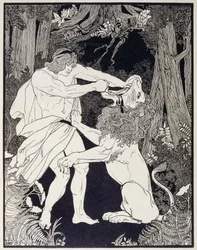 Drawing of Samson fighting a lion (engraving)