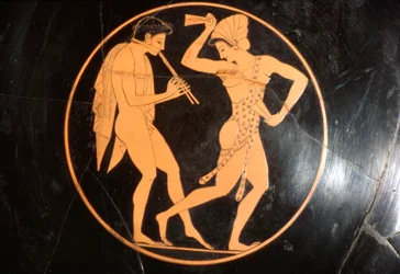 Drinking Cup, Kylix of Girl Dancing with Youth Playing Flute, Attic, c. 510 BC