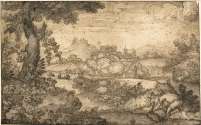 Landscape with Figures Binding Wheat in Foreground