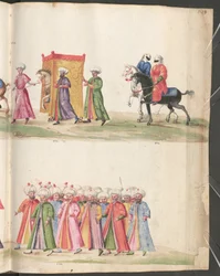 Bridal procession with bride concealed by a curtain