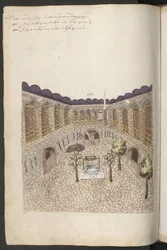Buildings in Constantinople: Inner Court of a Large Caravanserai with Trees, a Well, and Side-Entrances to the Stables
