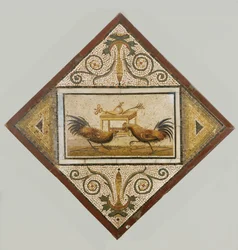 Roosters fighting in front of a small mensa, a table