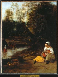 Woman delousing a little girl by the water ...