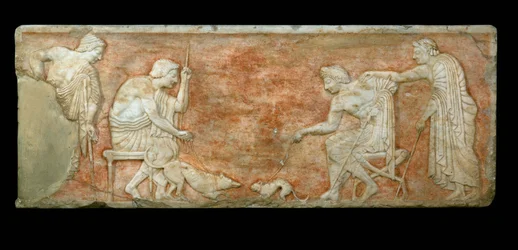 Four youth resting in the palaestra, two seated, watch a dog and cat fight