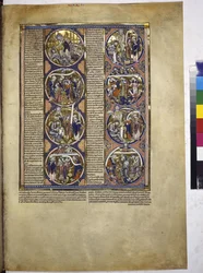 Full page: eight medallions enclosing miniatures accompanied by an explanatory text, c.1225-1250