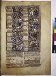 Full page: eight medallions enclosing miniatures accompanied by an explanatory text, c.1225-1250