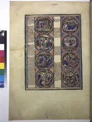 Full page: eight medallions enclosing miniatures and accompanied by explanatory text, c.1225-1250