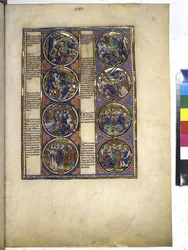 Full page: eight medallions enclosing miniatures and accompanied by text, c.1225-1250