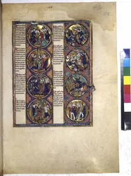 Full page: eight medallions enclosing miniatures and accompanied by text, c.1225-1250