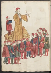 A Quack Doctor Stands on a Table and Praises His Miraculous Medicines