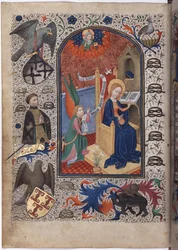 Full page: miniature, the border with the donor William of Monfort praying