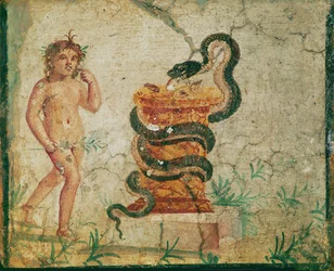 Harpocrates standing near an altar, encircled by a snake
