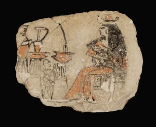 Lady nursing a baby; opposite: offerings and a servant