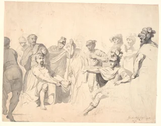A Warrior Displays a Severed Head to a General, While Other Warriors Look On
